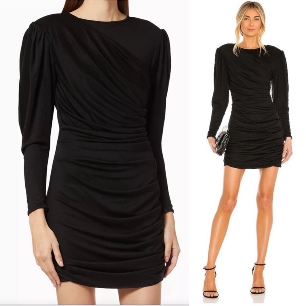 New! Anine Bing Alaia Black Ruched Dress Draping Long Sleeve Short Dress Size M